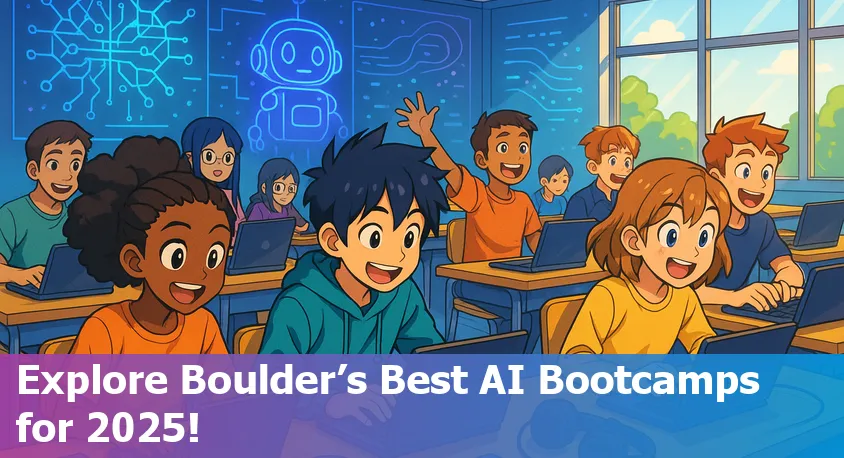 A diverse group of students learning artificial intelligence in a modern Boulder Colorado classroom, with tech devices and city views.