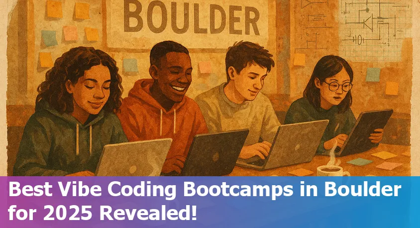 Boulder Colorado tech students collaborating at a coding bootcamp, vibrant city and mountain backdrop