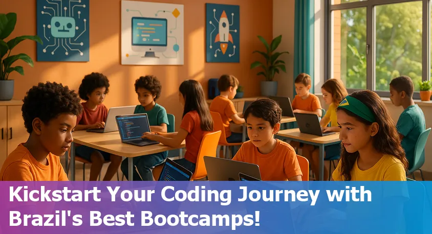 Beginner students collaborating in a vibrant Brazilian coding bootcamp classroom, laptops open and instructor guiding.