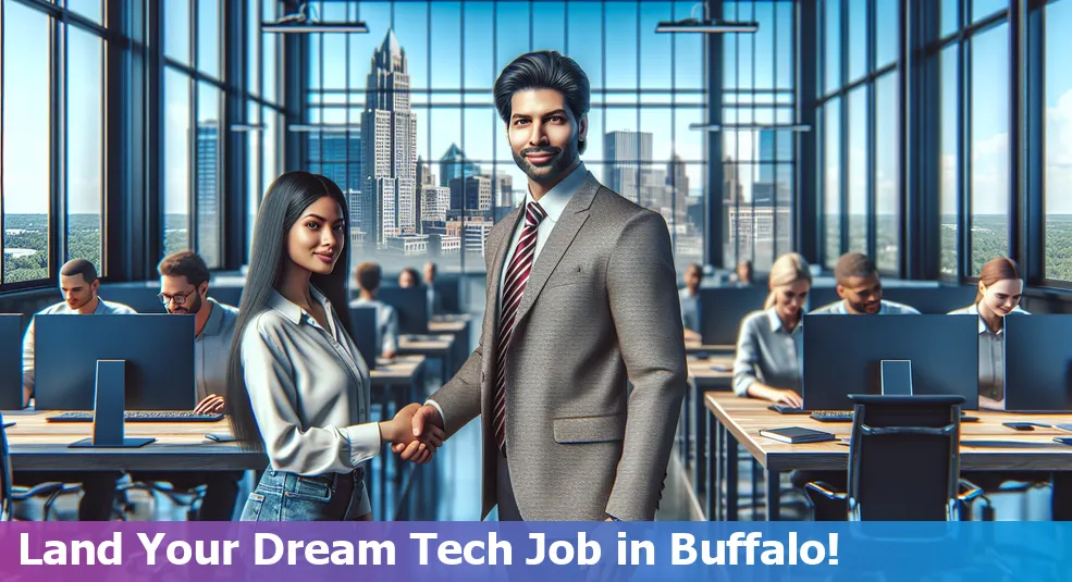 A group of tech professionals networking at a job fair in Buffalo, New York.