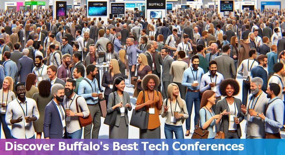 A vibrant tech meetup in Buffalo, New York, with enthusiastic participants networking and sharing ideas.