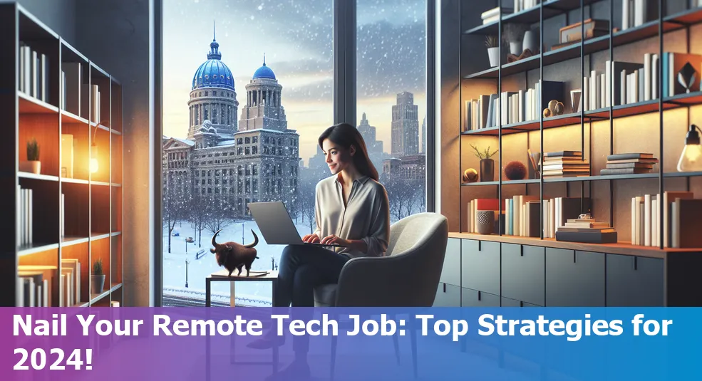 Person working remotely on a laptop with Buffalo on the background signifying remote tech work opportunities in 2024.