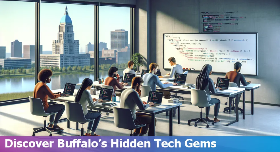 Buffalo cityscape with coding bootcamp icons representing education and technology.