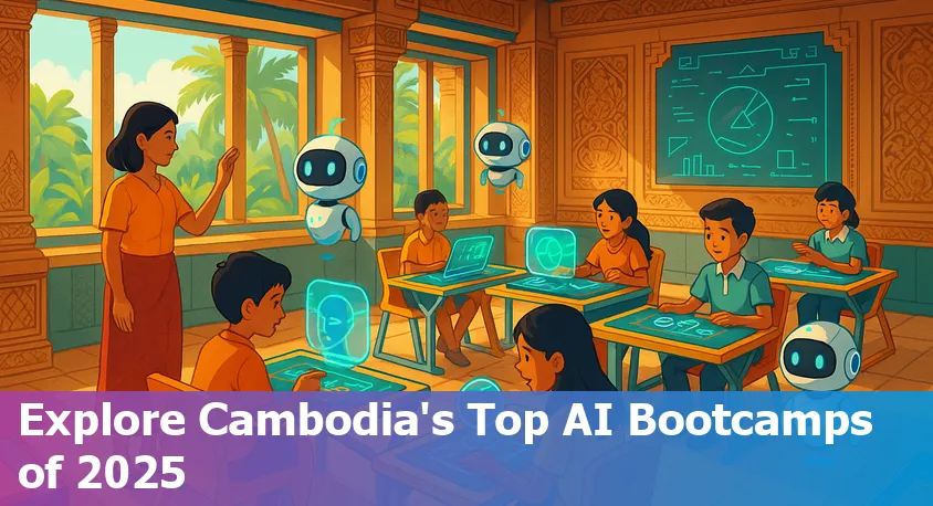 Students learning AI with laptops and a digital map of Cambodia in a modern classroom.
