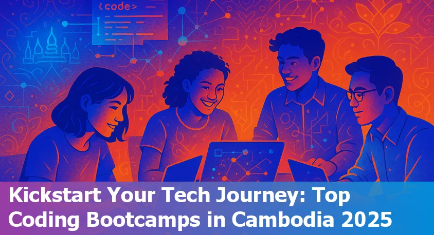 Students collaborating at a lively Cambodian coding bootcamp, celebrating diversity and innovation in 2025.
