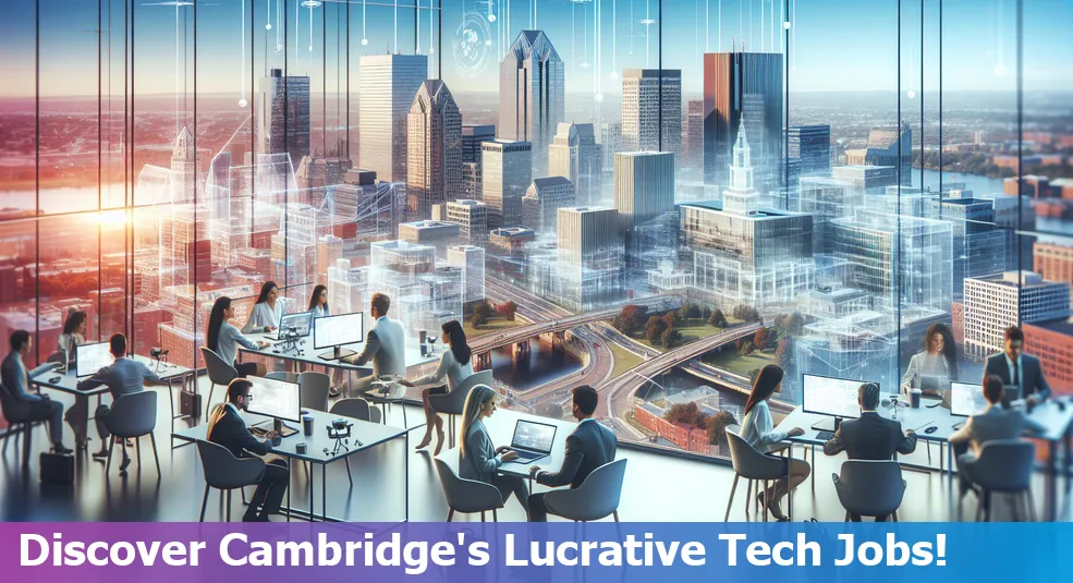 Top 10 high-paying tech jobs in Cambridge, MA, with tech-related icons representing various roles.