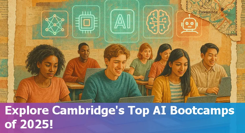 A group of diverse students collaborating on AI projects in a modern Cambridge, MA classroom, with city landmarks visible through the window.