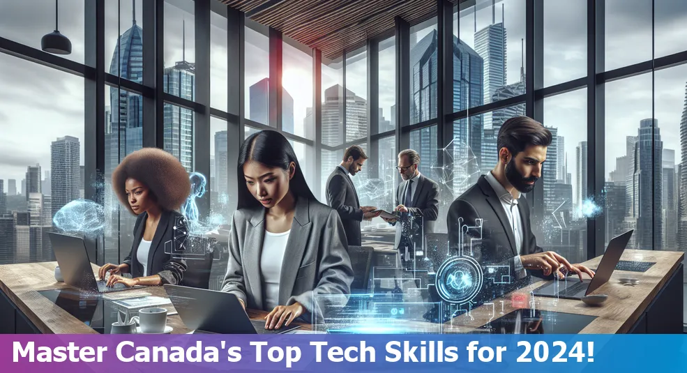 Canadian tech worker with digital icons representing cybersecurity, data science, cloud computing, and other essential tech skills of 2024.