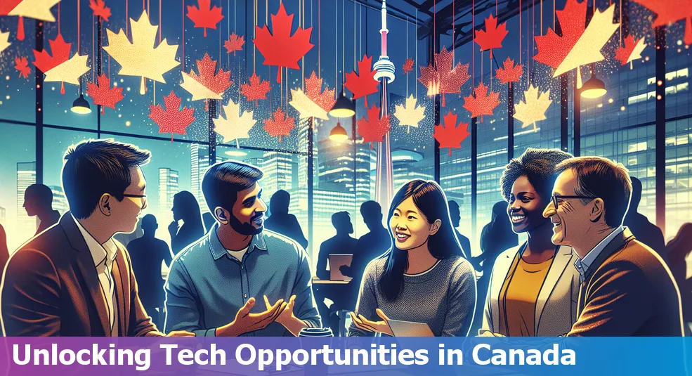 A diverse group of tech professionals networking at a Canadian tech event.