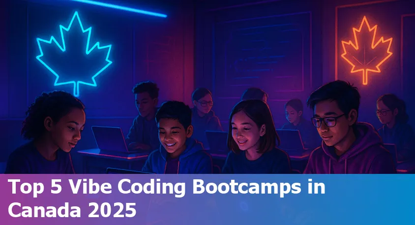 Coding bootcamp students in Canada collaborating using AI-powered tools on laptops