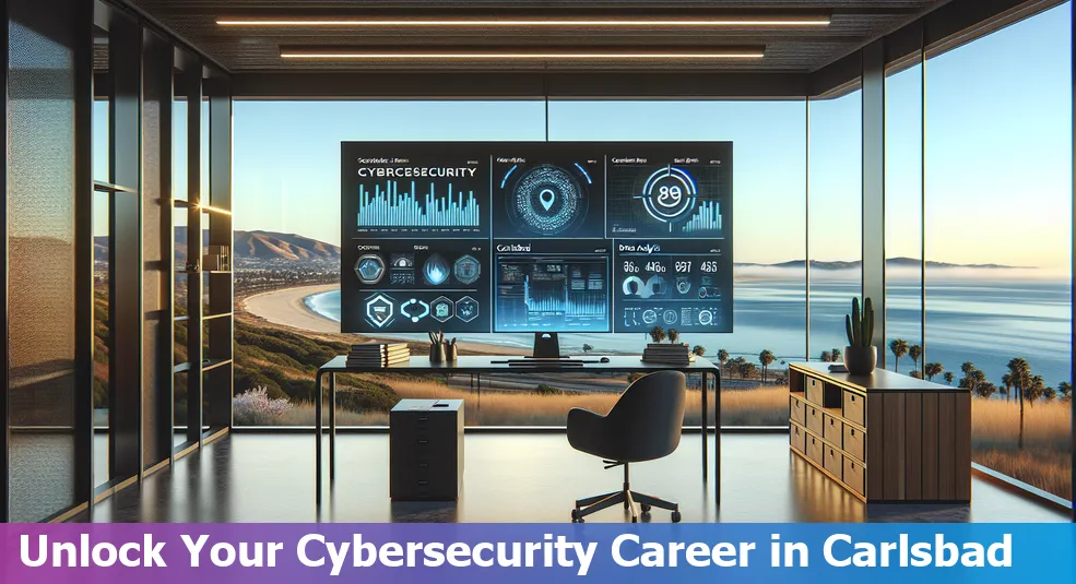 Skyline of Carlsbad, California, with cybersecurity-themed elements overlay.