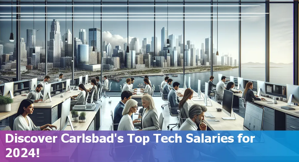 Skyline of Carlsbad, California with tech icons overlay representing top paid tech jobs in 2024.