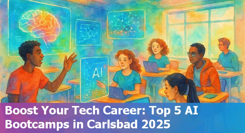Students at an AI bootcamp in Carlsbad, collaborating on laptops in a classroom setting.
