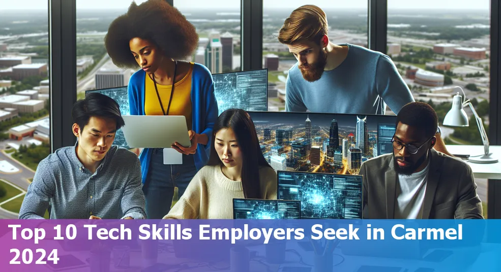 Top 10 essential tech skills Carmel employers seek in 2024, with icons representing different tech skills.