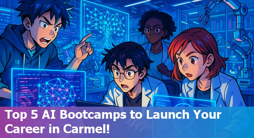Students learning AI at a bootcamp in Carmel, Indiana, working together on laptops.