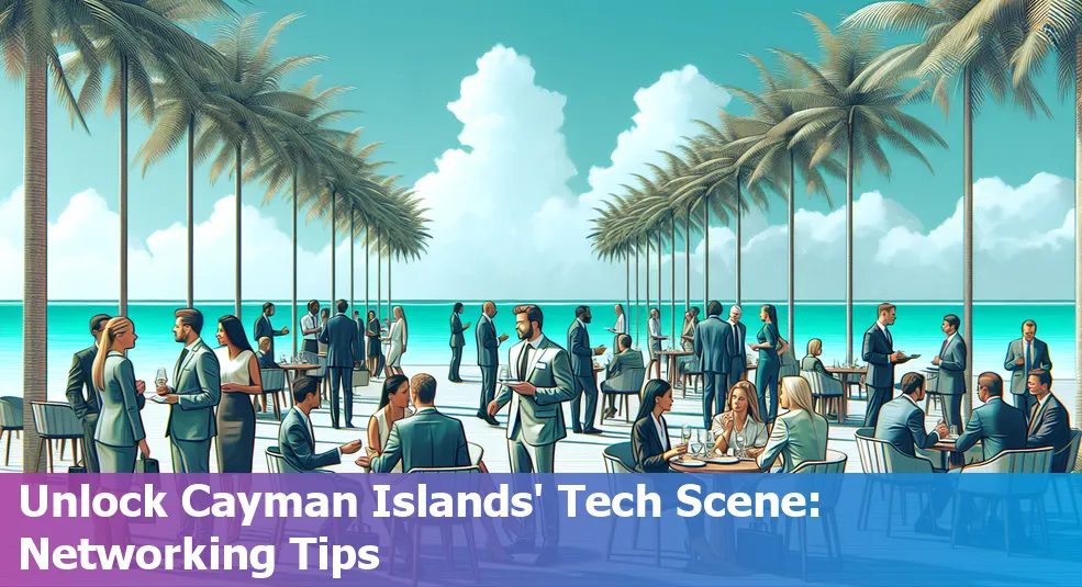 A vibrant tech networking event in Cayman Islands with attendees discussing and sharing ideas.