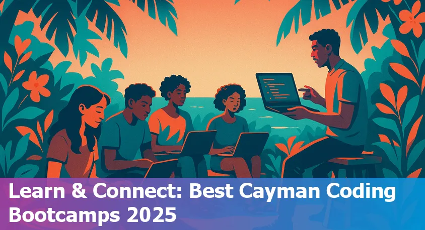 A group of beginners coding together on laptops at a sunny Cayman Islands beach resort, capturing a vibrant, collaborative learning vibe.