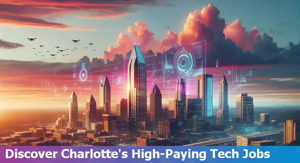 Charlotte, NC skyline with icons representing high-paying tech jobs, including software engineer and data scientist.