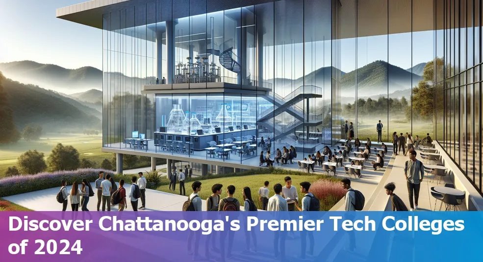 Skyline of Chattanooga with various college logos placed on top, representing the top tech colleges in the area.