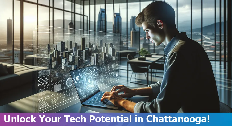 A panoramic view of Chattanooga, TN highlighting its tech scene and landmarks.