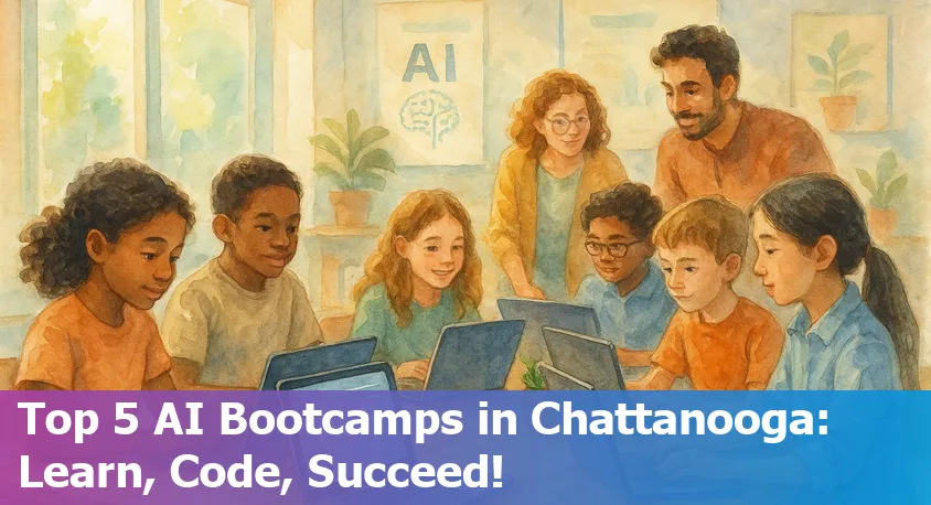 Students learning AI and coding at a bootcamp in Chattanooga with laptops and city skyline in the background.