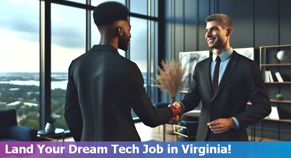 A group of tech professionals networking at a job fair in Chesapeake, Virginia.