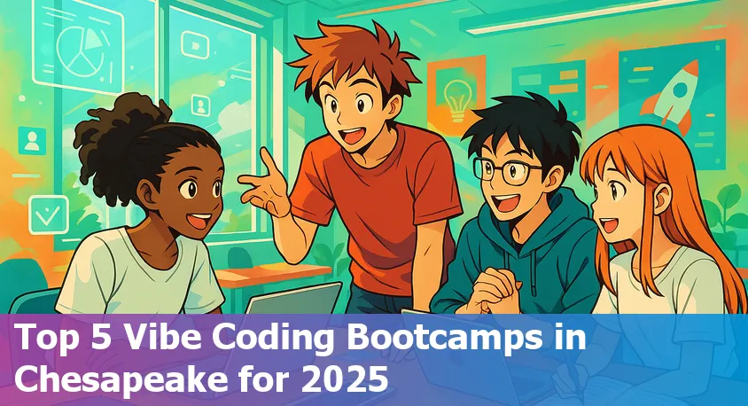 Group of diverse beginner coders collaborating in Chesapeake, VA with laptops and coding bootcamp materials.
