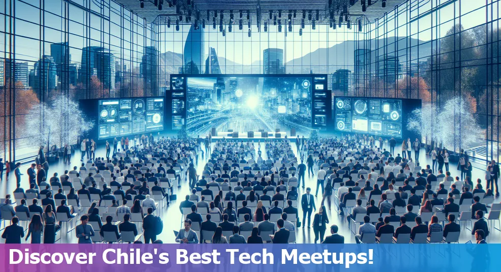 Collage of tech conferences and meetups in Chile with diverse participants and event banners.