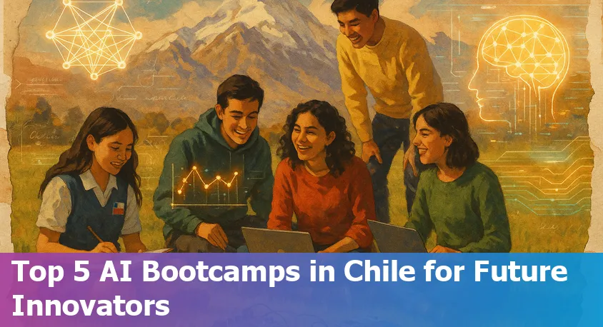 Collage of AI students at laptops, bootcamp instructors, and Santiago city skyline in 2025.