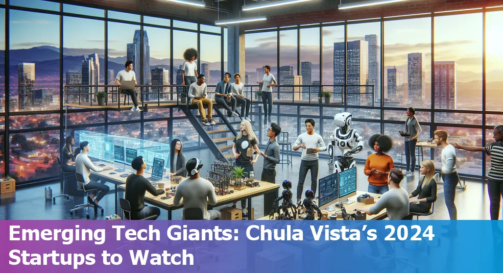 Chula Vista's skyline with tech icons representing innovative startups to watch in 2024.