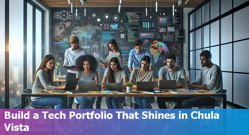 A modern tech portfolio open on a laptop with a backdrop of Chula Vista, California.