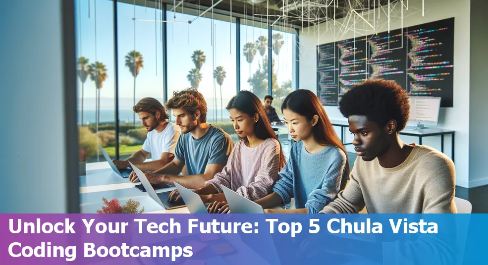 Top 5 best coding bootcamps in Chula Vista 2024 with students coding in a classroom.