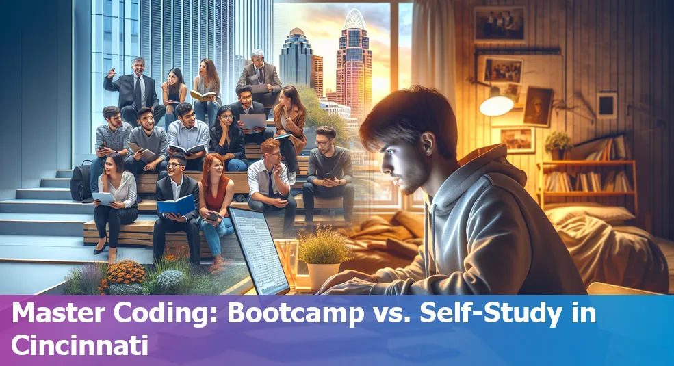 Cincinnati, Ohio skyline with a comparison of coding bootcamps vs. self-study learning methods.