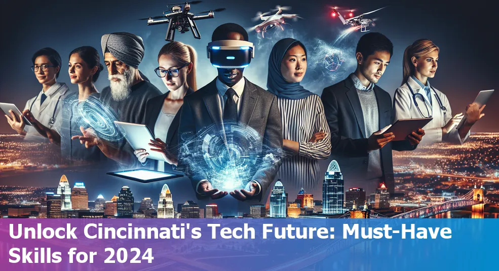 Cincinnati skyline with tech icons overlay representing essential tech skills sought by employers in 2024.