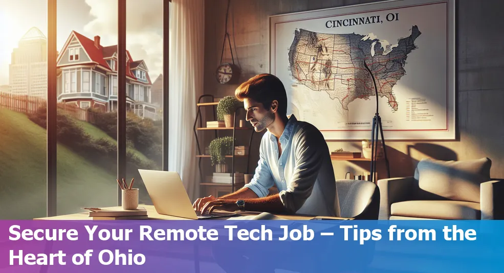 Person working remotely on a laptop with Cincinnati skyline in the background