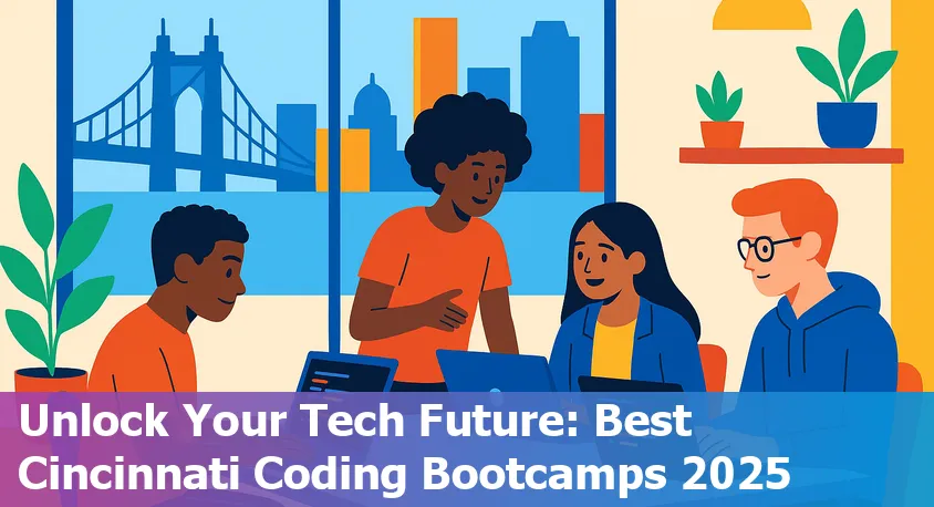 Diverse group of beginner coders learning together in a modern Cincinnati classroom with laptops and city skyline in the background.