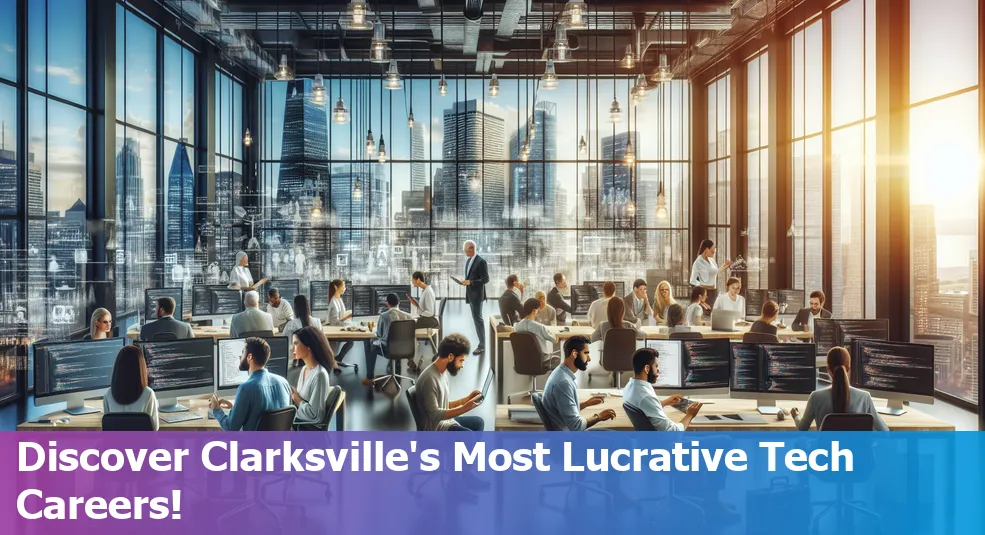 A view of Clarksville, Tennessee with tech icons representing various high-paying tech jobs.