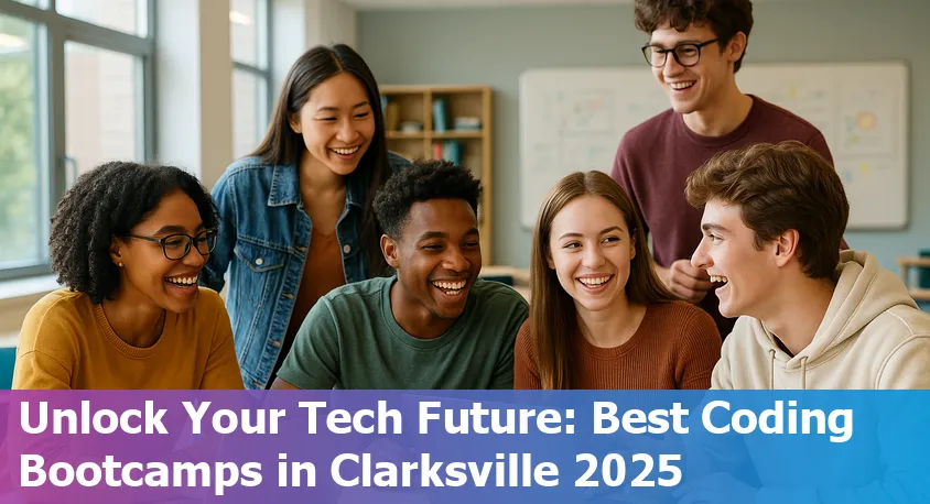 Clarksville Tennessee skyline with coding bootcamp students learning online and collaborating.