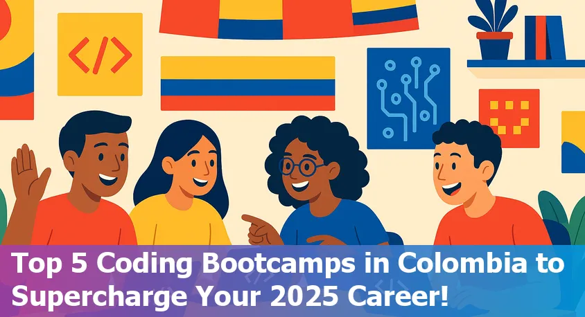 Five diverse students coding together in a modern classroom in Colombia, highlighting community and collaboration.