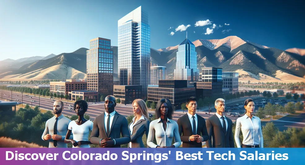 Skyline of Colorado Springs with tech icons overlay representing high-paying tech jobs.