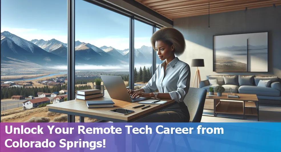 Remote tech job strategies with view of Colorado Springs, laptop, and networking icons.