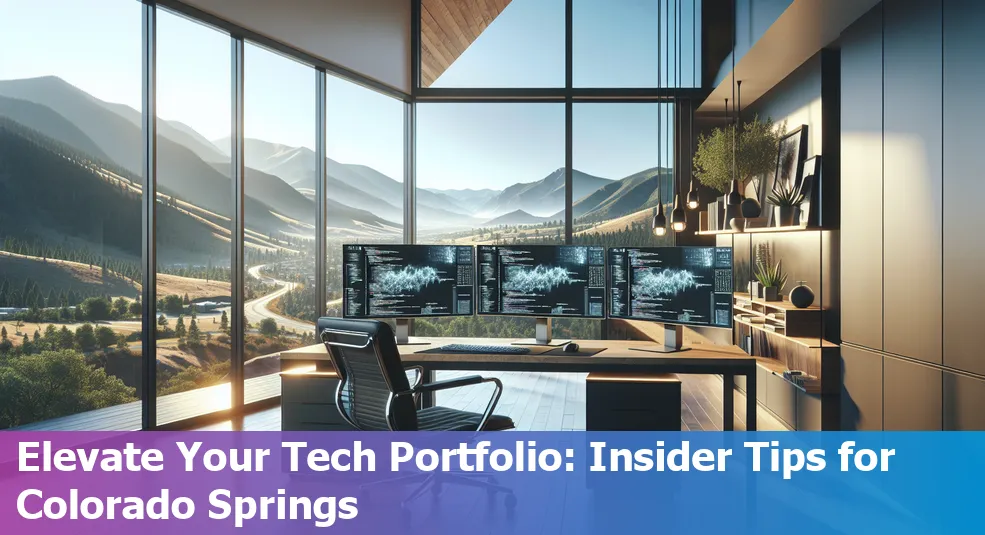 A diverse group of tech professionals collaborating on a project, with Colorado Springs skyline in the background.