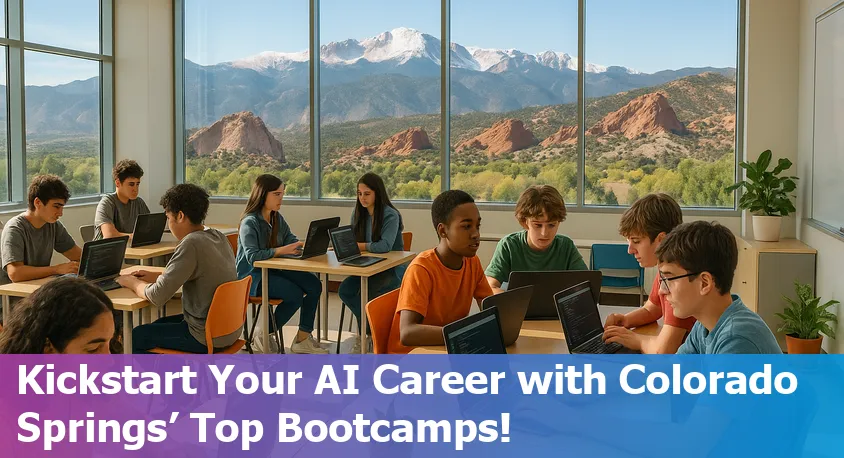 Group of diverse students learning AI online in Colorado Springs, with laptops and coding visuals.