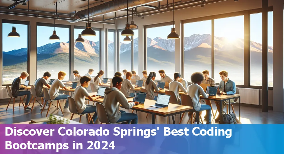 A student coding on a laptop in Colorado Springs with mountains in the background, representing top coding bootcamps in the city for 2024.