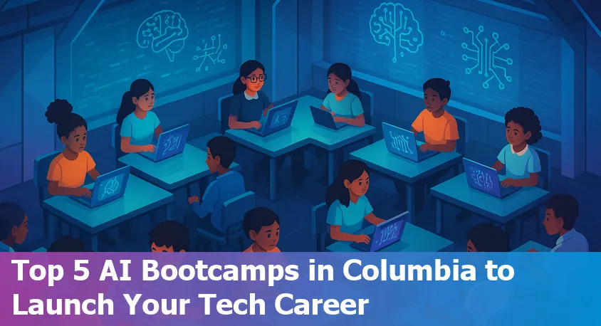 Five students collaborating on laptops in a modern classroom, representing top AI bootcamps in Columbia, Missouri, 2025.