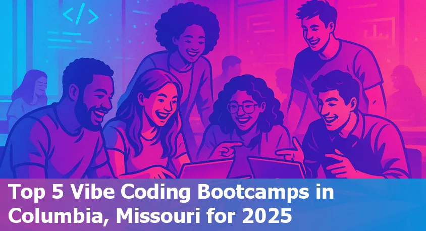 Students at a coding bootcamp collaborating in a modern classroom in Columbia, Missouri.
