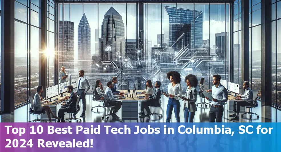 Columbia, South Carolina city skyline with tech job icons representing high-paying tech careers in 2024.