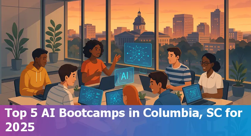 Illustration of diverse students learning artificial intelligence in a Columbia, South Carolina classroom with laptops and digital code screens.