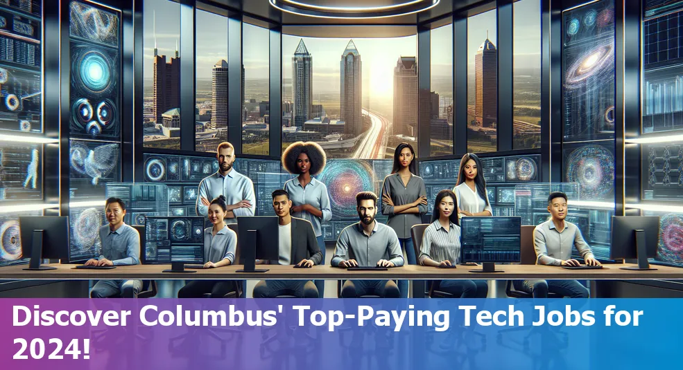 Skyline of Columbus, Ohio with tech job icons representing top-paying jobs in 2024.