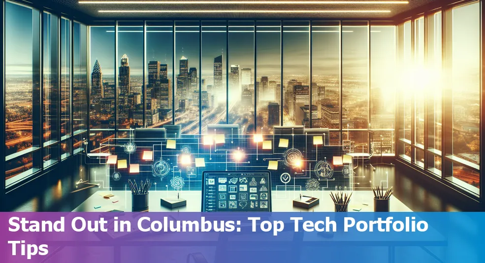 Tech portfolio elements with the backdrop of Columbus, Ohio's skyline.